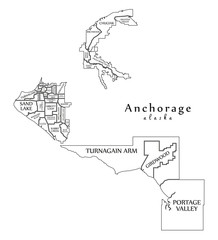 Modern City Map - Anchorage Alaska city of the USA with neighborhoods and titles outline map