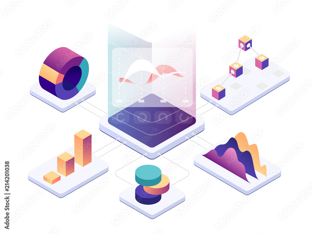 Fototapete isometric data analysis. modern digital graphics and charts analyzing statistics. vector 3d illustra