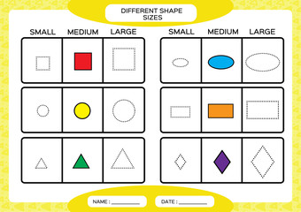 Different shape sizes. Small, medium, large. Learning Basic Shapes. Color, Trace, and Draw. Worksheet for preschool kids. Practicing motor skills. Square, circle, oval, triangle. Yellow.