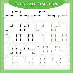 Tracing Lines Activity For Early Years. Special for preschool kids. Worksheet for practicing fine motor skills Tracing dashed lines. Improving skills tasks. Complete the pattern. Green