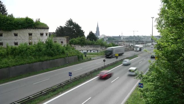 Timelapse of buisy Highway leading into the german City Ulm.