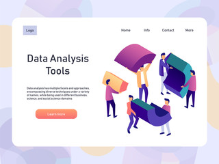Data analysis landing page template with people. 3d isometric vector illustration.