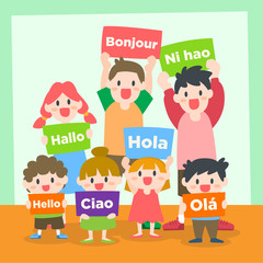 Children, Teenagers Learning various Language, holding sign with text