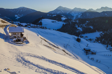 Winter morning in Dolomites, South Tirol, Italy. Alpine landscape. 