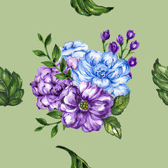 seamless  pattern bouquet rose blue purple flowers and plant