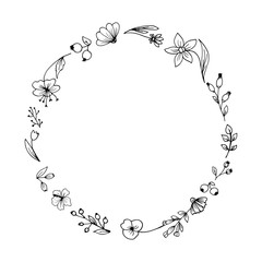 Floral frame composed in a circle. Hand drawn plants and flowers. Sketched style, monochrome vector illustration.