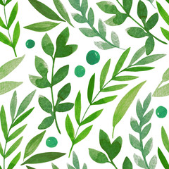 Watercolor hand drawn floral seamless pattern in green tones.