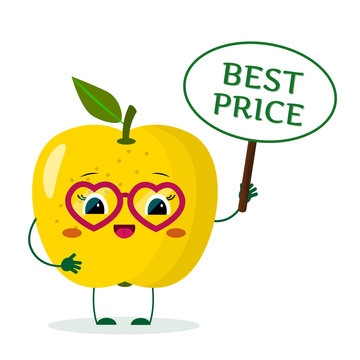 Cute yellow apple cartoon character in yellow heart glasses, in the hands of the plate is the best price.