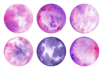 Collection of hand drawn watercolor decor elements. Fantastic moon clip art in bright pink and purple colors.