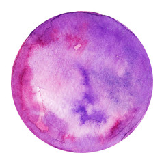 Hand drawn watercolor decor elements. Fantastic moon clip art in bright pink and purple colors.