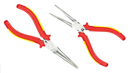 Top view of long nose pliers isolated on white background for construction, industrial, electrician concept design.