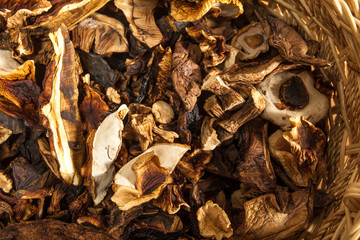 Dried porcini mushroom over wooden background