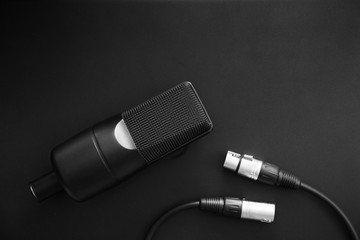 Professional condenser studio microphone and XLR cable on a black background. Music,art and...