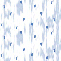 Hand drawn vector seamless pattern with stripes and small hearts in childish naive style. Blue and white cute pattern for surface design, fabric and wrapping paper.