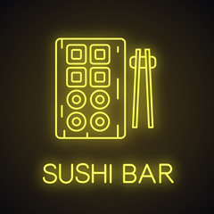 Sushi and chopsticks neon light icon