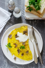 Omelette with truffle and parsley, served with sour cream, bread and a glass of fresh water.