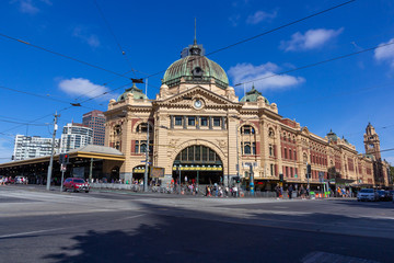 Melbourne city historic building-Flinders street station built of yellow sandstone in colonial...