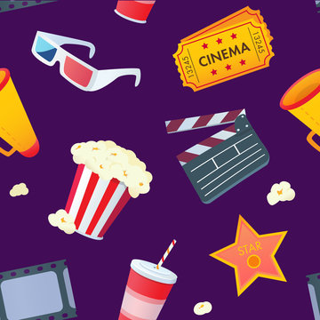 vector cartoon style cinema movie seamless pattern on a violet background