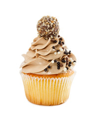 Delicious cupcakes with chocolate sprinkles isolated on white