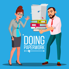 Business Woman Doing Paperwork Vector. Office Worker. Work With Documents. Overworked, Overburdened. Large Piles Of Documents, Folders. Flat Cartoon Illustration