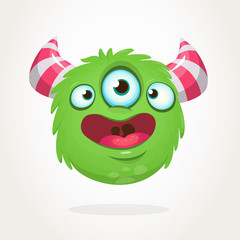 Obraz premium Happy green cartoon alien with three eyes. Smiling monster emotion showing his tongue. Halloween vector illustration