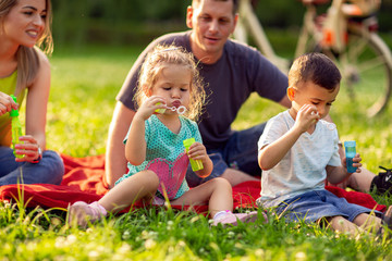 Fototapeta premium children blow soap bubbles outdoor- Happy family in the park together on a sunny day.