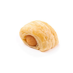 Tasty mini sausage in Fresh hot crusty bread rolls isolated on white