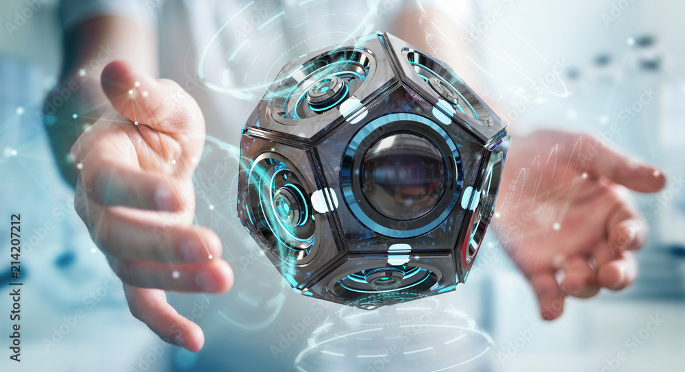 Aufkleber businessman using futuristic drone security camera 3d rendering