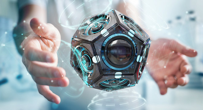 Businessman using futuristic drone security camera 3D rendering