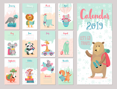 Calendar 2019. Cute monthly calendar with forest animals.