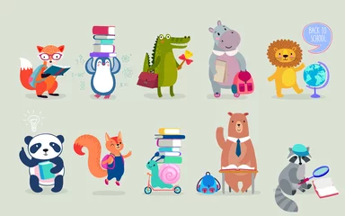 Zurück zur Schule Tiere handgezeichneter Stil, Bildungsthema. Nette Charaktere. Bär, Pinguin, Nilpferd, Panda, Fuchs und andere. © avian