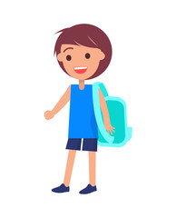 Schoolboy with Backpack in Shorts and Blue T-shirt