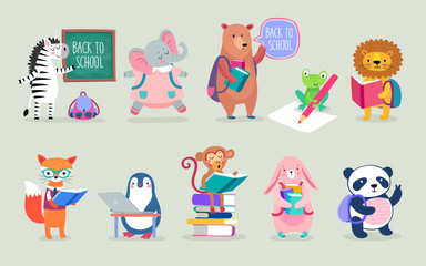 Back to school Animals hand drawn style, education theme. Cute characters. Bear, penguin, elephant, panda, fox and others.