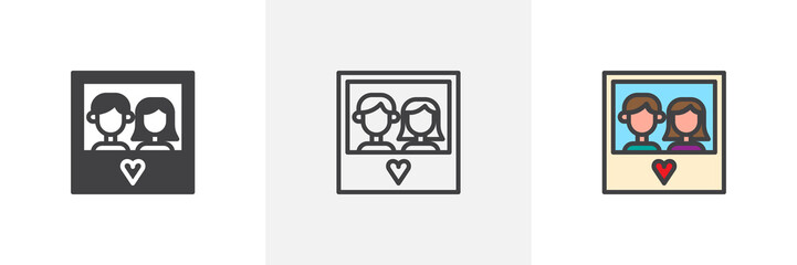 Couple picture with heart icon. Line, solid and filled outline colorful version, outline and filled vector sign. Love symbol, logo illustration. Different style icons set. Vector graphics