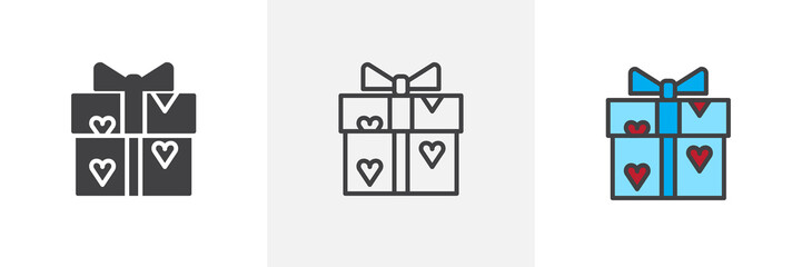 Gift with hearts icon. Line, solid and filled outline colorful version, outline and filled vector sign. Love gift Symbol, logo illustration. Different style icons set. Pixel perfect vector graphics