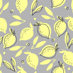 Hand drawn vector seamless pattern with lemons and leaves. Cute summer fruit illustration in yellow and grey colors.