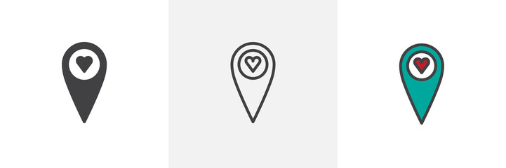 Romantic date location icon. Line, solid and filled outline colorful version, outline and filled vector sign. Map pin with heart symbol, logo illustration. Different style icons set. Vector graphics
