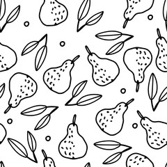 Hand drawn vector seamless pattern with pears and leaves. Cute outline fruit illustration in black and white colors.