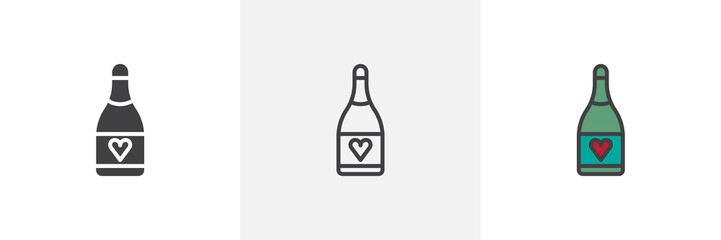 Champagne bottle with heart icon. Line, solid and filled outline colorful version, outline and filled vector sign. Symbol, logo illustration. Different style icons set. Vector graphics