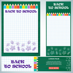 Fototapeta premium Bright banner with school supplies. Education and schooling. Poster for advertising educational institutions, courses and trainings. Flat illustration