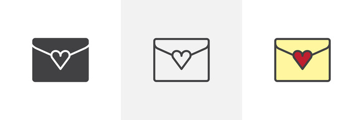 Love letter with heart icon. Line, solid and filled outline colorful version, outline and filled vector sign. Love message symbol, logo illustration. Different style icons set. Vector graphics