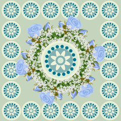 Square flower arrangement. Pattern for printing on scarves, postcards, carpets, bandanas, napkins, home textiles. Roses and geometric ornament. Seamless.