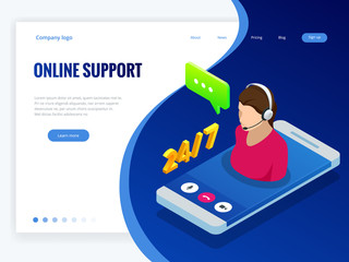 Isometric wen banner with Online supportconcept. Support service help assistance guidance. Call center agent browsing. Flat female support and client service staff worker.