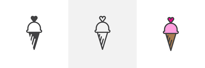 Ice cream with heart icon. Line, solid and filled outline colorful version, outline and filled vector sign. Symbol, logo illustration. Different style icons set. Pixel perfect vector graphics