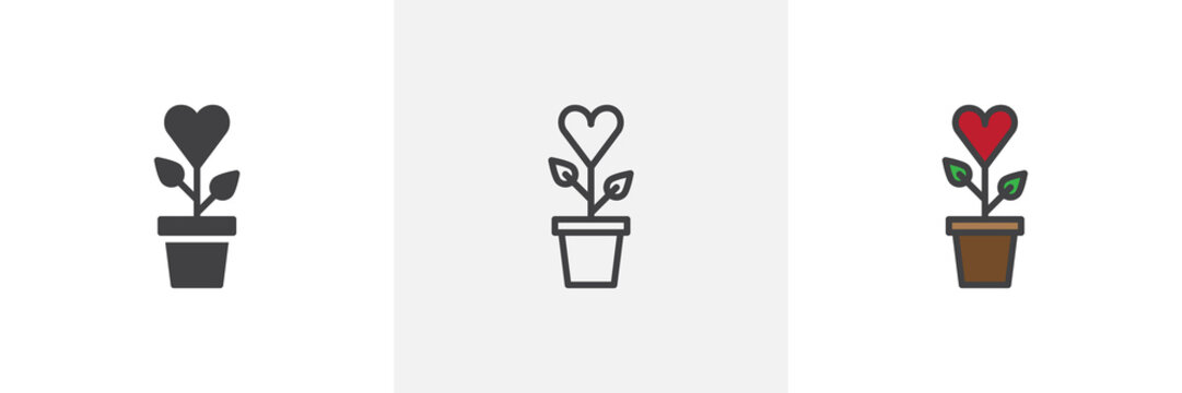 Heart plant in flower pot icon. Line, solid and filled outline colorful version, outline and filled vector sign. Symbol, logo illustration. Different style icons set. Pixel perfect vector graphics