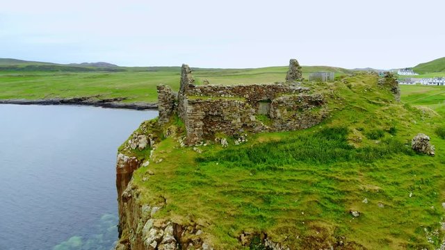 The ruins of Duntulm Castle on the Isle of Skye - aerial drone footage