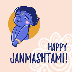 little Lord Krishna.  happy Janmashtami greeting card background. For print or web congratulations.