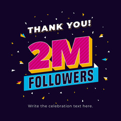 2m followers, two million followers social media post background template. Creative celebration typography design with confetti ornament for online website banner, poster, card.