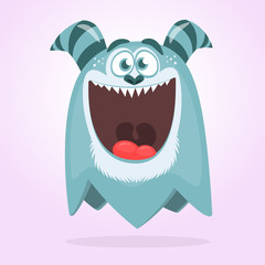 Happy cool cartoon fat monster. Blue and horned vector monster character