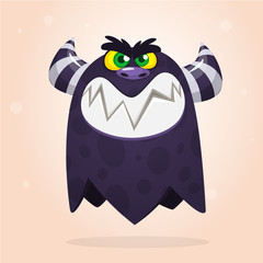 Angry cartoon monster. Halloween vector black and horned monster 